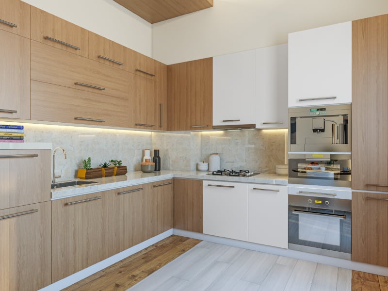 Wood and white L-shape modular kitchen