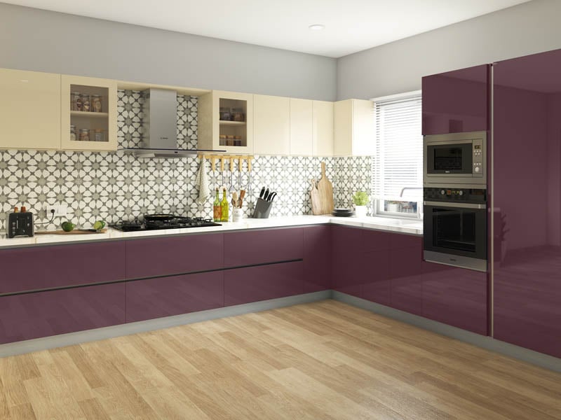 Plum modular kitchen with patterned backsplash